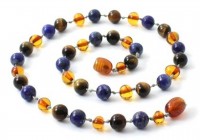 Rav halskæde - baby & barn - cognac - lapis lazuli & tigerøje