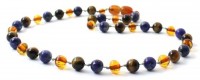 Rav halskæde - voksen - cognac - lapis lazuli & tigerøje - 45 cm.