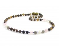 rav halskæde - større børn - rav/månesten/pale rose quartz & smokey quartz