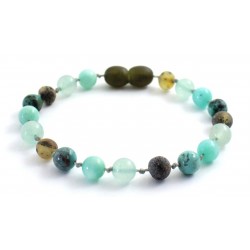 Rav armbånd - større børn - green amber - african turquoise - aventurine & amazonite