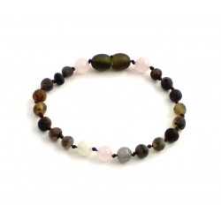 rav armbånd - større børn - rav/månesten/pale rose quartz & smokey quartz